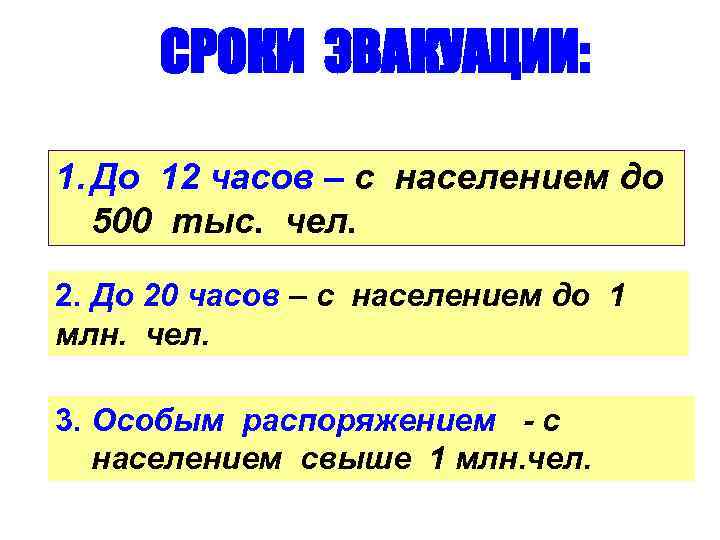 СРОКИ ЭВАКУАЦИИ: 1. До 12 часов – с населением до 500 тыс. чел. 2.
