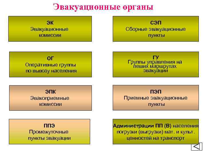 Эвакуационные органы ЭК Эвакуационные комиссии СЭП Сборные эвакуационные пункты ОГ Оперативные группы по вывозу