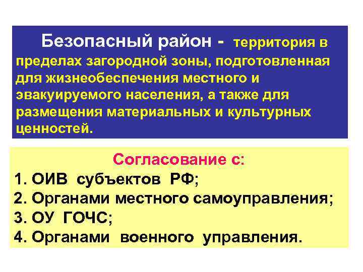 Безопасный район - территория в пределах загородной зоны, подготовленная для жизнеобеспечения местного и эвакуируемого