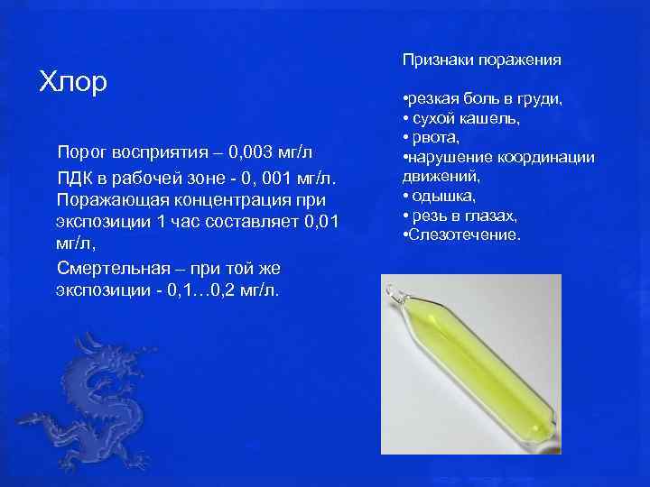 Хлор Порог восприятия – 0, 003 мг/л ПДК в рабочей зоне 0, 001 мг/л.