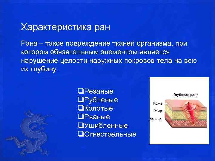  Характеристика ран Рана – такое повреждение тканей организма, при котором обязательным элементом является