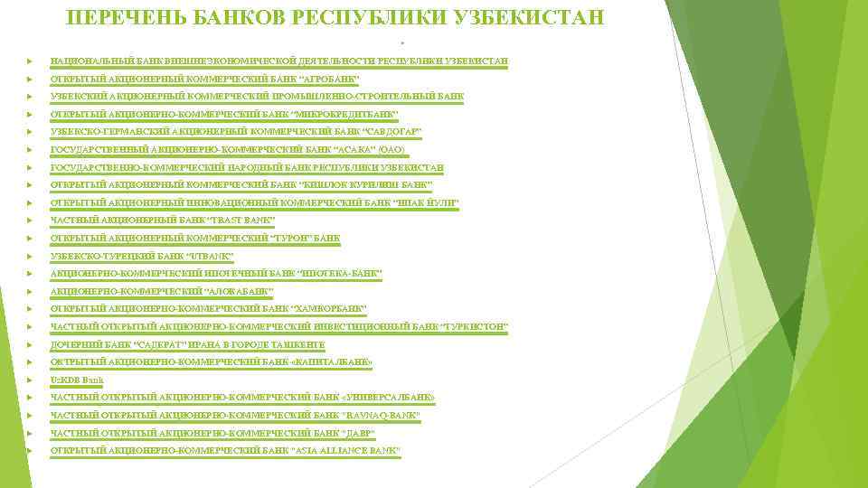 ПЕРЕЧЕНЬ БАНКОВ РЕСПУБЛИКИ УЗБЕКИСТАН НАЦИОНАЛЬНЫЙ БАНК ВНЕШНЕЭКОНОМИЧЕСКОЙ ДЕЯТЕЛЬНОСТИ РЕСПУБЛИКИ УЗБЕКИСТАН ОТКРЫТЫЙ АКЦИОНЕРНЫЙ КОММЕРЧЕСКИЙ БАНК