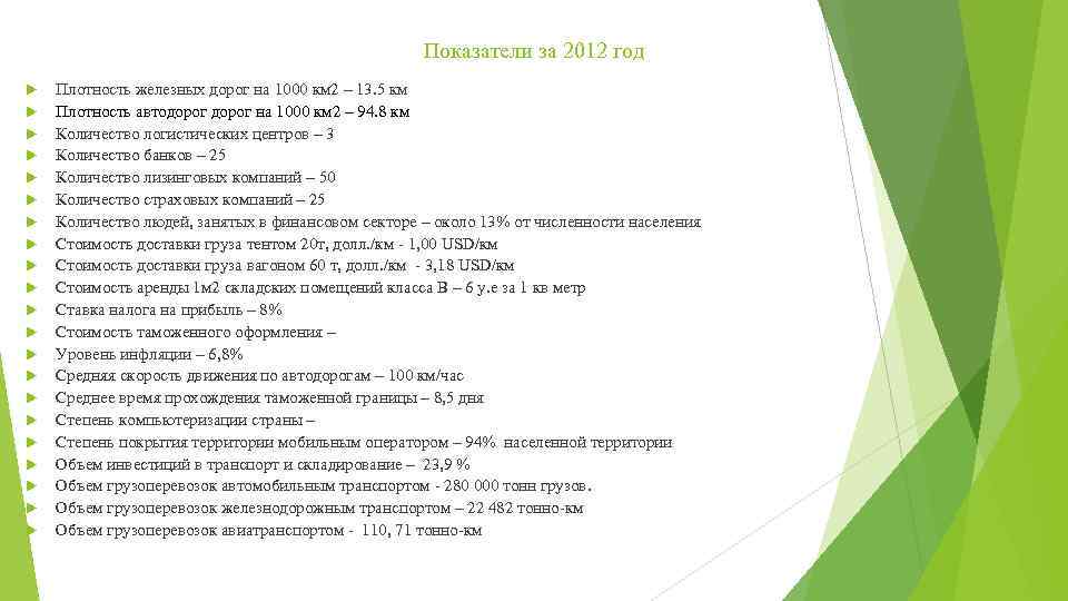 Показатели за 2012 год Плотность железных дорог на 1000 км 2 – 13. 5