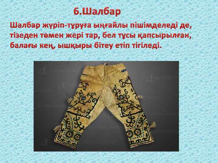 6. Шалбар жүріп-тұруға ыңғайлы пішімделеді де, тізеден төмен жері тар, бел тұсы қапсырылған, балағы