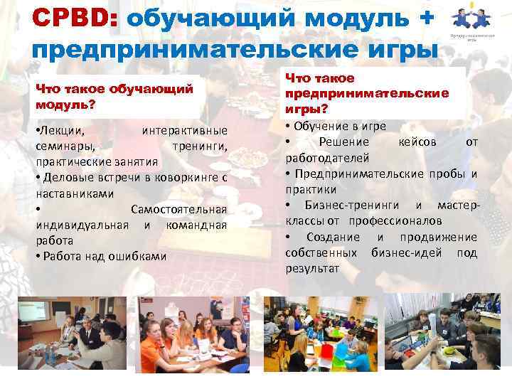 CPBD: обучающий модуль + предпринимательские игры Что такое обучающий модуль? • Лекции, интерактивные семинары,