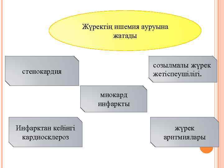 Жүректің ишемия ауруына жатады созылмалы жүрек жетіспеушілігі. стенокардия миокард инфаркты Инфарктан кейінгі кардиосклероз жүрек