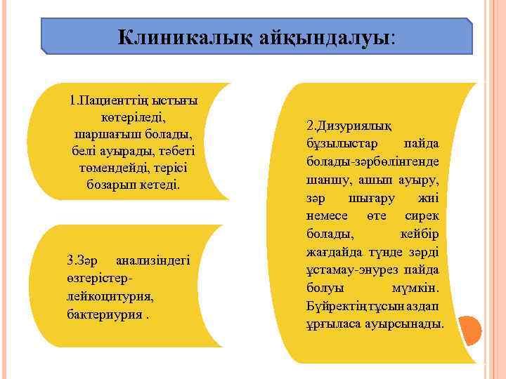 Клиникалық айқындалуы: 1. Пациенттің ыстығы көтеріледі, шаршағыш болады, белі ауырады, тәбеті төмендейді, терісі бозарып