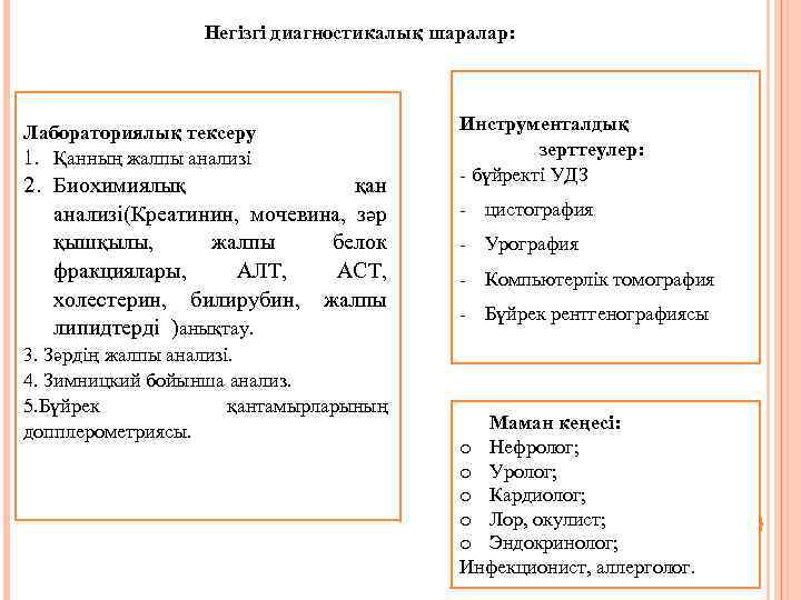 Негізгі диагностикалық шаралар: Лабораториялық тексеру 1. Қанның жалпы анализі 2. Биохимиялық қан анализі(Креатинин, мочевина,