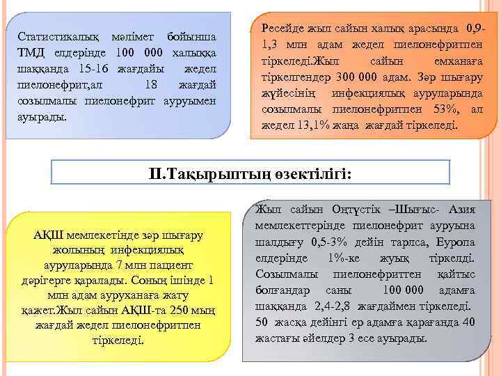 Статистикалық мәлімет бойынша ТМД елдерінде 100 000 халыққа шаққанда 15 -16 жағдайы жедел пиелонефрит,
