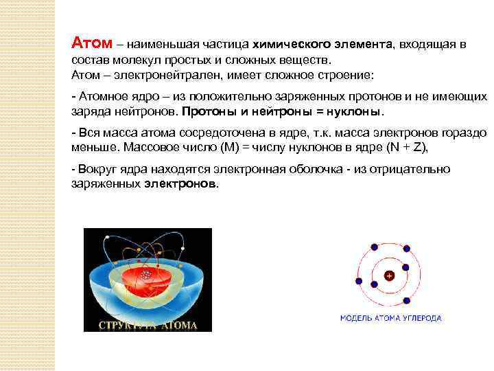 Атом – наименьшая частица химического элемента, входящая в состав молекул простых и сложных веществ.