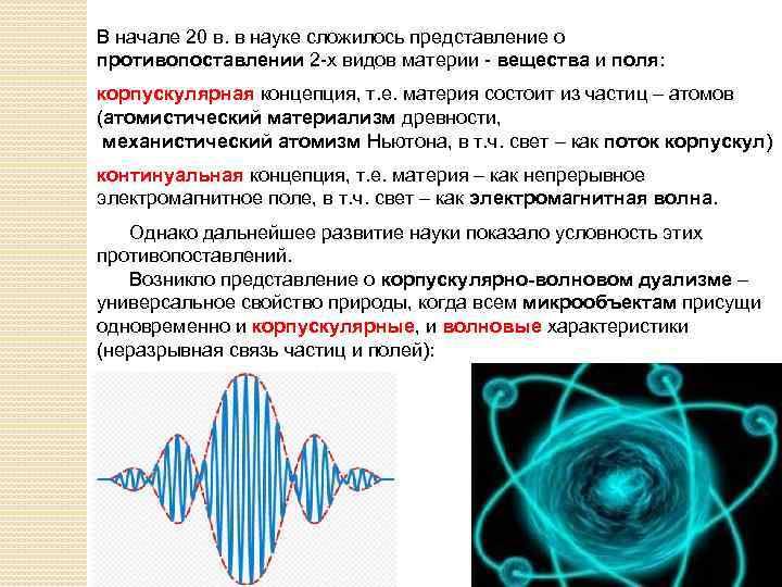 В начале 20 в. в науке сложилось представление о противопоставлении 2 -х видов материи