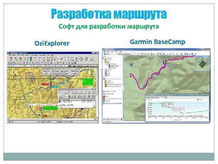 Разработка маршрута Софт для разработки маршрута Ozi. Explorer Garmin Base. Camp 