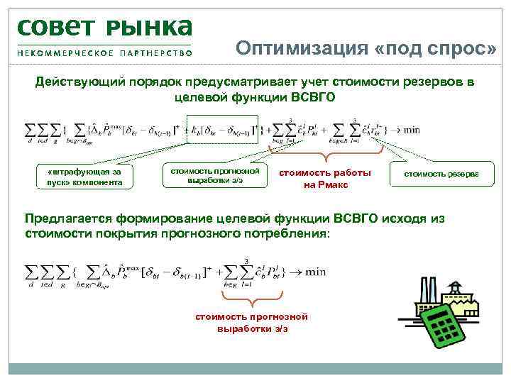 Оптимизация «под спрос» Действующий порядок предусматривает учет стоимости резервов в целевой функции ВСВГО «штрафующая