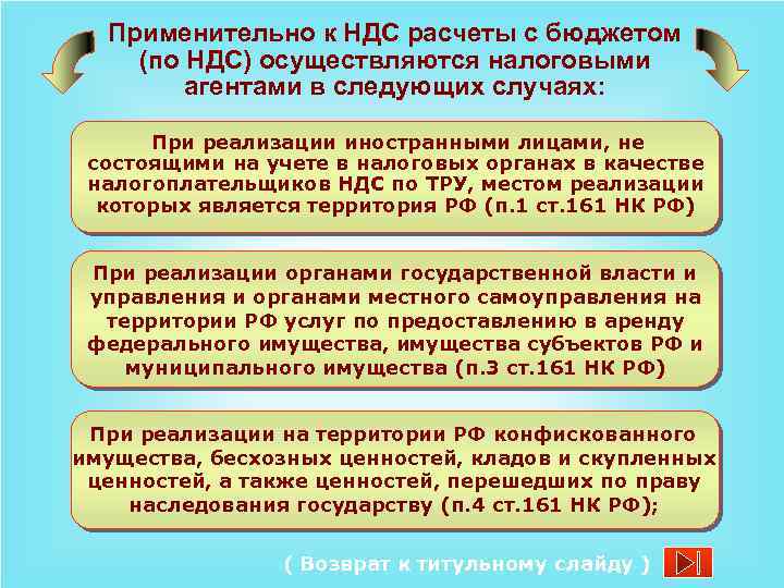 Применительно к НДС расчеты с бюджетом (по НДС) осуществляются налоговыми агентами в следующих случаях: