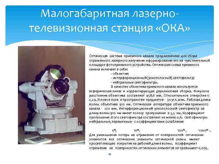 Малогабаритная лазерно телевизионная станция «ОКА» Оптическая система приемного канала предназначена для сбора отраженного лазерного