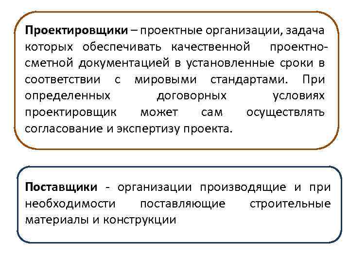 Проектировщики – проектные организации, задача которых обеспечивать качественной проектносметной документацией в установленные сроки в