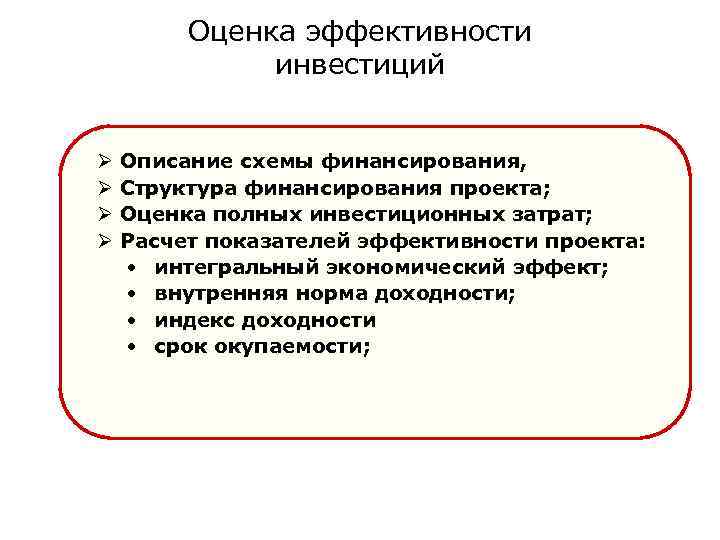 Оценка эффективности инвестиций Ø Ø Описание схемы финансирования, Структура финансирования проекта; Оценка полных инвестиционных