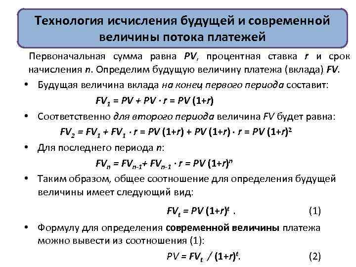 Технология исчисления будущей и современной величины потока платежей Первоначальная сумма равна PV, процентная ставка