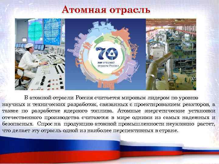 Атомная отрасль В атомной отрасли Россия считается мировым лидером по уровню научных и технических