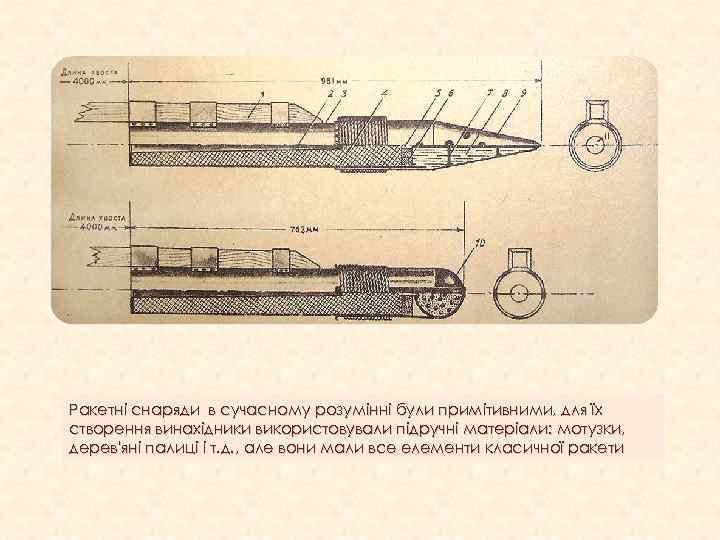 Ракетні снаряди в сучасному розумінні були примітивними, для їх створення винахідники використовували підручні матеріали: