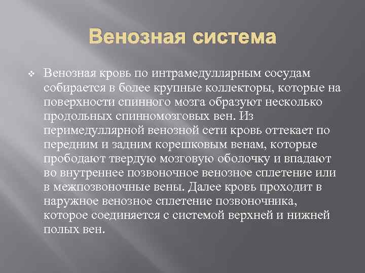   Венозная система v  Венозная кровь по интрамедуллярным сосудам собирается в более