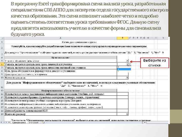 В программу Excel трансформирована схема анализа урока, разработанная специалистами СПб АППО для экспертов отдела