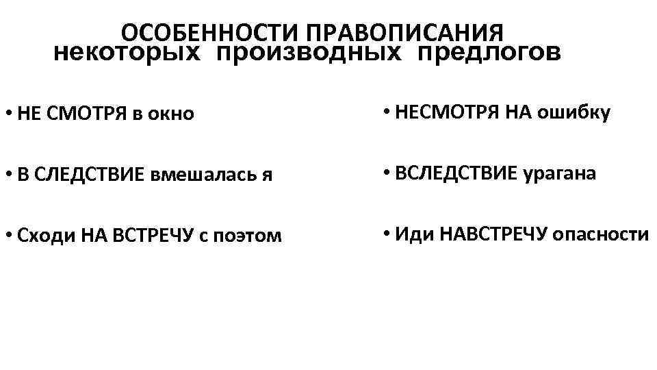   ОСОБЕННОСТИ ПРАВОПИСАНИЯ некоторых производных предлогов  • НЕ СМОТРЯ в окно 