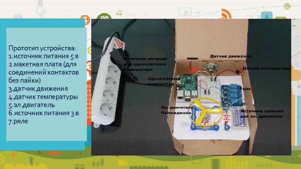 Прототип устройства:  1. источник питания 5 в 2. макетная плата (для соединений контактов