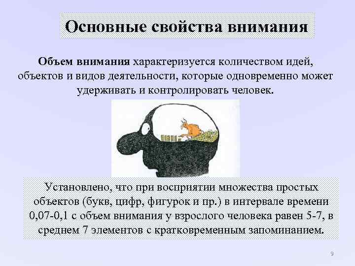 Основные свойства внимания Объем внимания характеризуется количеством идей, объектов и Основные свойства внимания Объем внимания характеризуется количеством идей, объектов и