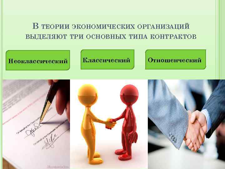 В ТЕОРИИ ЭКОНОМИЧЕСКИХ ОРГАНИЗАЦИЙ ВЫДЕЛЯЮТ ТРИ ОСНОВНЫХ ТИПА КОНТРАКТОВ Неоклассический Классический В ТЕОРИИ ЭКОНОМИЧЕСКИХ ОРГАНИЗАЦИЙ ВЫДЕЛЯЮТ ТРИ ОСНОВНЫХ ТИПА КОНТРАКТОВ Неоклассический Классический