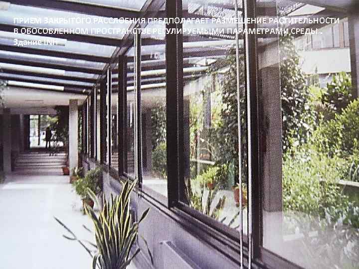 ПРИЕМ ЗАКРЫТОГО РАССЛОЕНИЯ ПРЕДПОЛАГАЕТ РАЗМЕЩЕНИЕ РАСТИТЕЛЬНОСТИ В ОБОСОБЛЕННОМ ПРОСТРАНСТВЕ РЕГУЛИРУЕМЫМИ ПАРАМЕТРАМИ СРЕДЫ. Здание INH