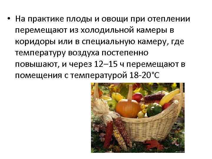  • На практике плоды и овощи при отеплении  перемещают из холодильной камеры