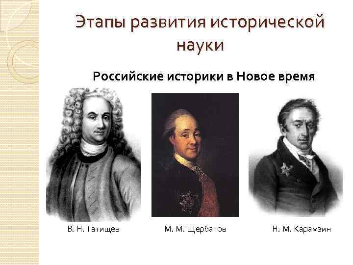 Государственная школа в русской историографии. Стадии развития исторической науки:. Этапы формирования исторических знаний. Российские историки новейшего времени. Татищев и Щербатов.