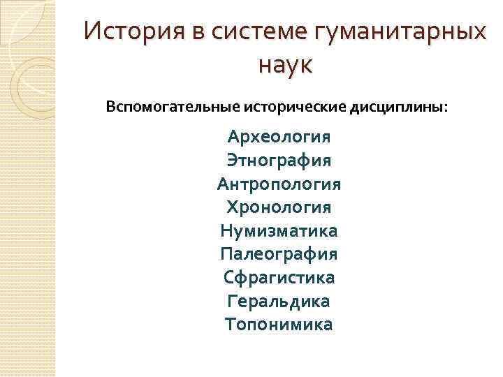 История в системе гуманитарных    наук Вспомогательные исторические дисциплины:   