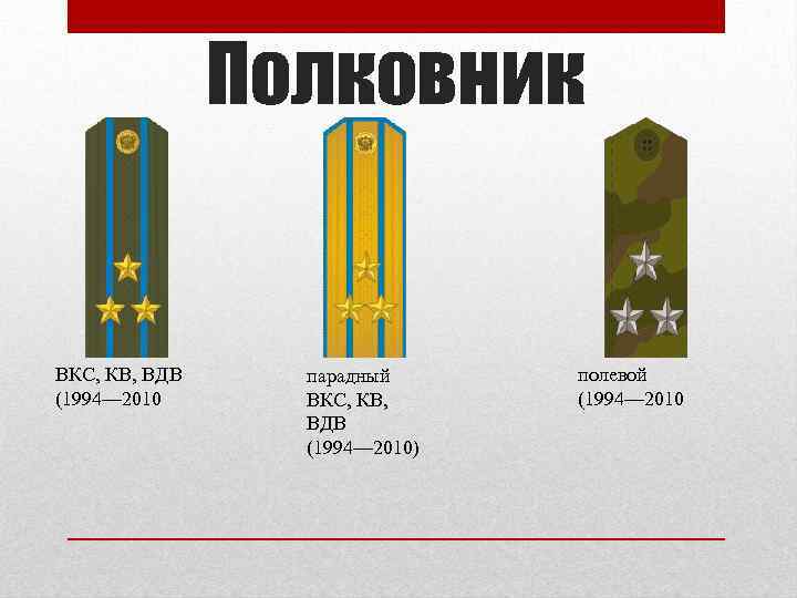     Полковник  ВКС, КВ, ВДВ пaрадный полевой (1994— 2010 