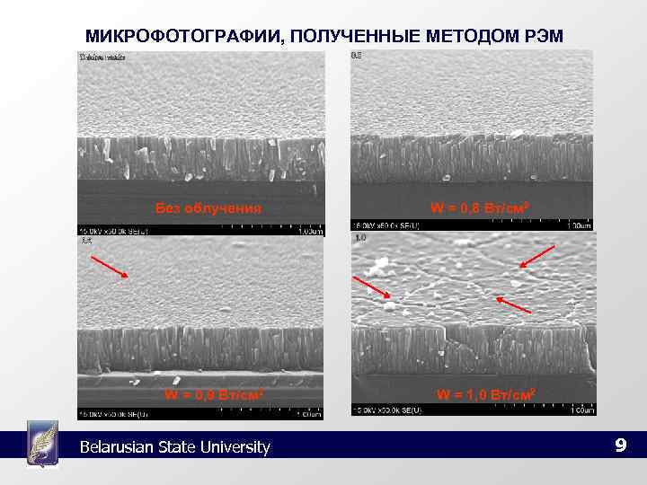 МИКРОФОТОГРАФИИ, ПОЛУЧЕННЫЕ МЕТОДОМ РЭМ    Без облучения  W = 0, 8