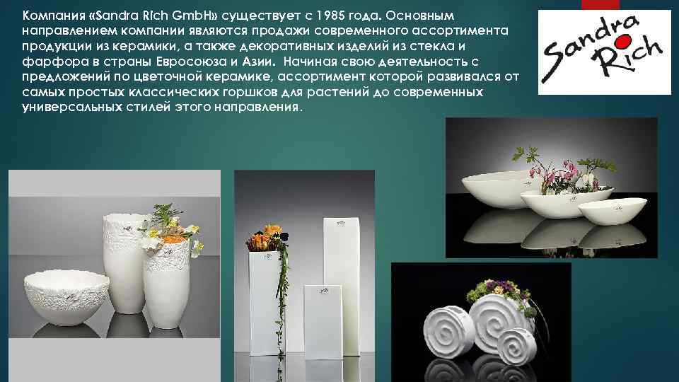 Компания «Sandra Rich Gmb. H» существует с 1985 года. Основным направлением компании являются продажи