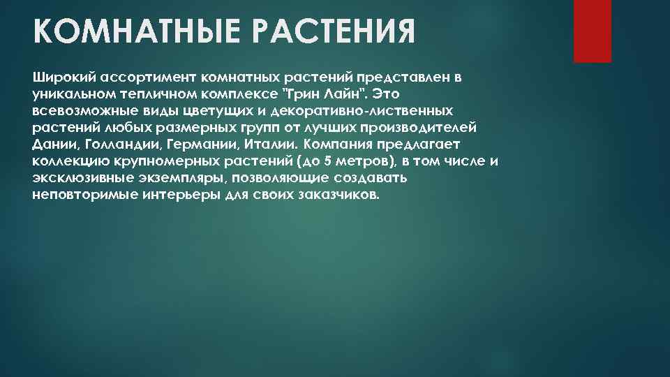 КОМНАТНЫЕ РАСТЕНИЯ Широкий ассортимент комнатных растений представлен в уникальном тепличном комплексе 