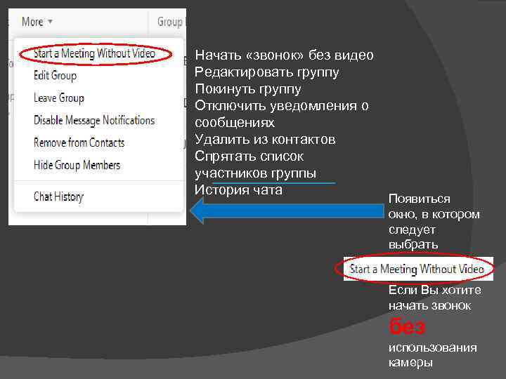 Начать «звонок» без видео Редактировать группу Покинуть группу Отключить уведомления о сообщениях Удалить из