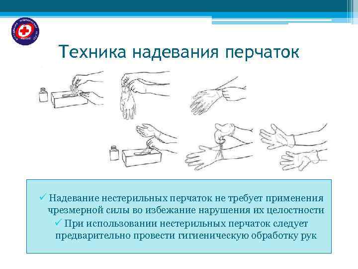   Техника надевания перчаток ü Надевание нестерильных перчаток не требует применения  чрезмерной