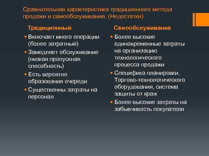 Сравнительная характеристика традиционного метода продажи и самообслуживания. (Недостатки) Традиционный   Самообслуживание § Включает