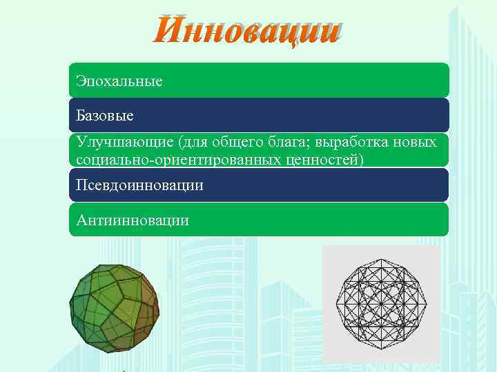    Инновации Эпохальные Базовые Улучшающие (для общего блага; выработка новых социально-ориентированных ценностей)