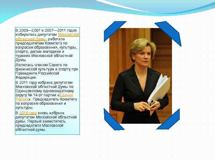 В 2003— 2007 и 2007— 2011 годах избиралась депутатом Московской областной Думы, работала председателем