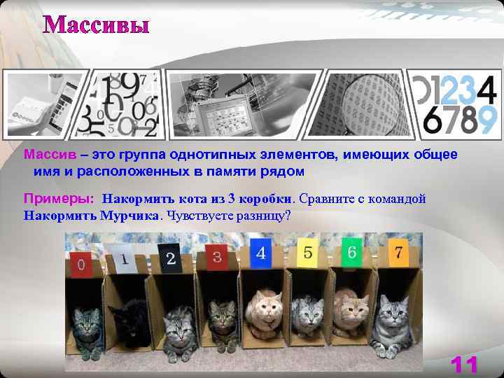Массив – это группа однотипных элементов, имеющих общее имя и расположенных в памяти рядом