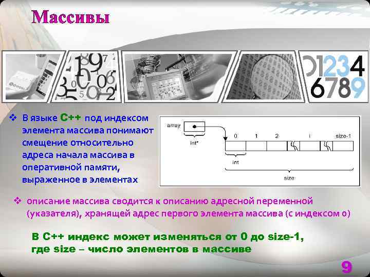 v В языке C++ под индексом  элемента массива понимают  смещение относительно 