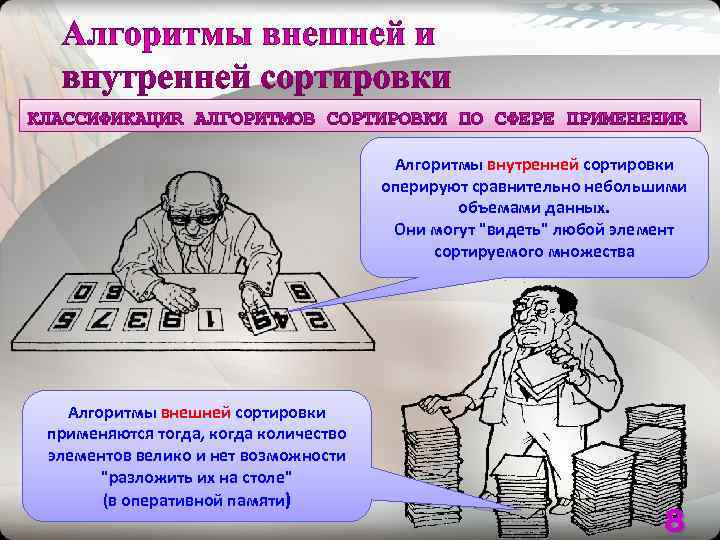     Алгоритмы внутренней сортировки    оперируют сравнительно небольшими 