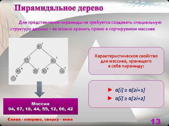  Для представления пирамиды не требуется создавать специальную структуру данных – ее можно хранить