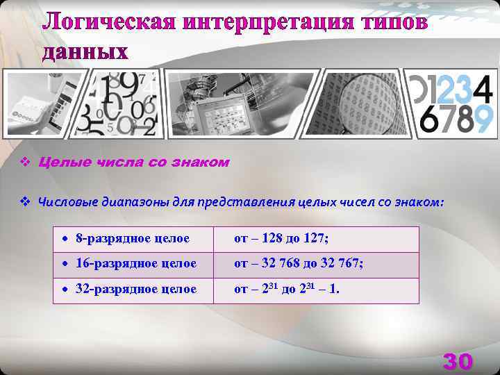 v Целые числа со знаком v Числовые диапазоны для представления целых чисел со знаком: