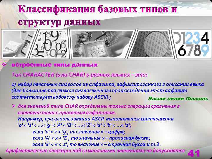 v встроенные типы данных  Тип CHARACTER (или CHAR) в разных языках – это: