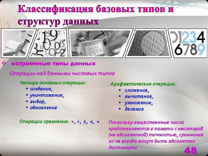 v встроенные типы данных  Операции над данными числовых типов Четыре основных операции: 